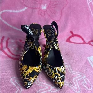 Versace Black and Yellow Heels with Baroque Design
